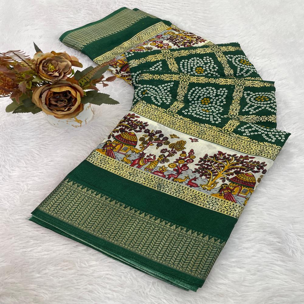 Indian Designer Traditional Dola Silk Bandhani Saree - Color: Dark Green