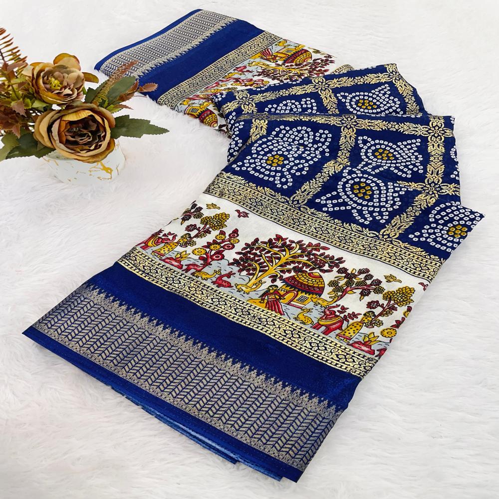 Indian Designer Traditional Dola Silk Bandhani Saree - Color: Dark Blue