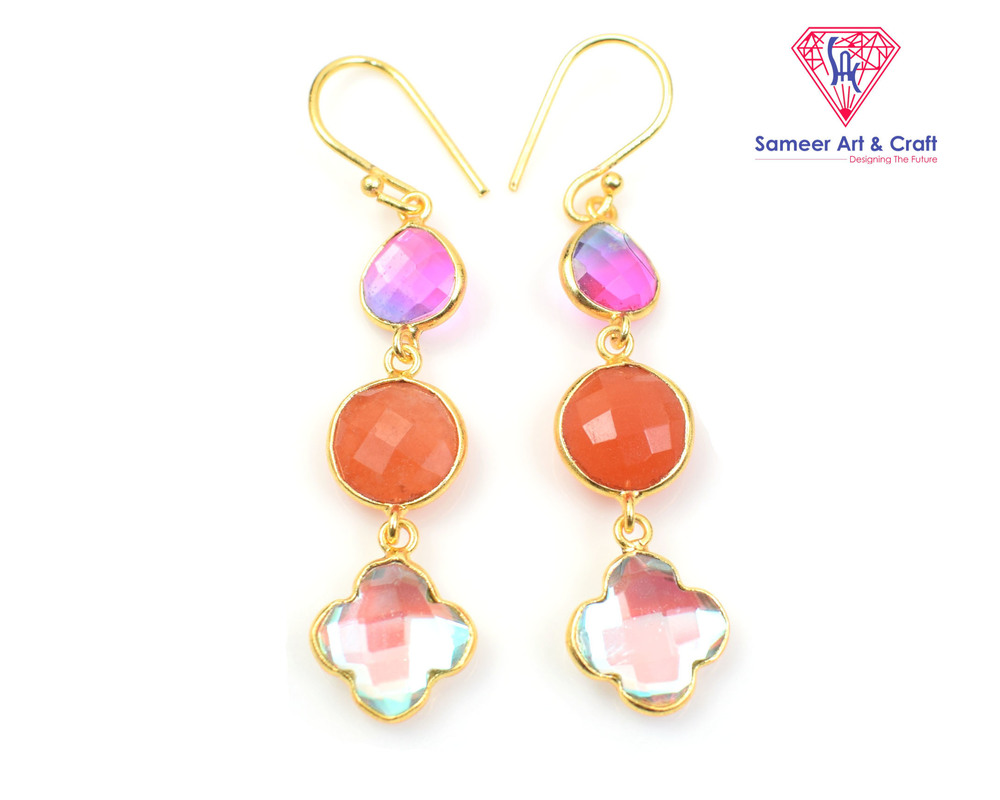 Elegant Carnelian & Multi Quartz Gemstone Gold Plated Handmade Hoop Earring - Color: Multicolor