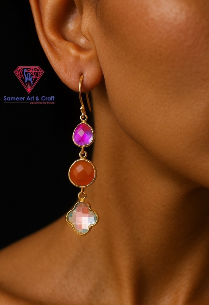 Elegant Carnelian & Multi Quartz Gemstone Gold Plated Handmade Hoop Earring