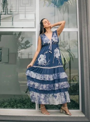 Indigo Bloom Ruffle Maxi Dress