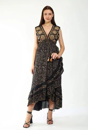 Midnight Gold Embroidered Boho Ruffle Dress