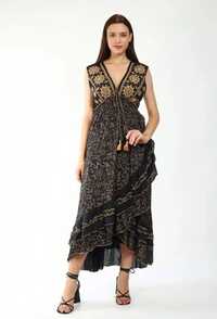 Midnight Gold Embroidered Boho Ruffle Dress - Color: Black
