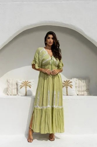Olive Breeze Embroidered Boho Maxi Dress