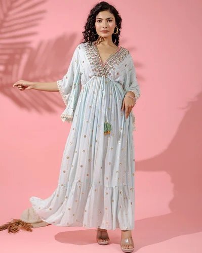 Pastel Embroidered Polka Dot Kaftan Maxi Dress