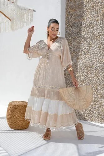 Sandshell Embroidered Tassel Tiered Maxi Dress