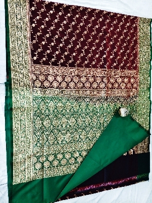 Banarsi Sarees Art Silk Copper Jari Aara - Color: Garnet With Green Pallu And Blouse
