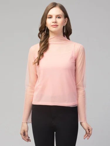 Ladies Pink Mesh High Neck Top