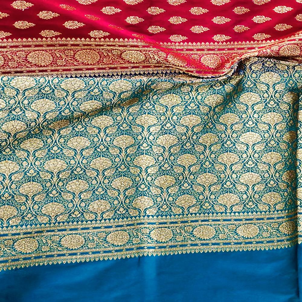 Fancy Banarasi Saree Uppada Premium Designer - Color: Short Rani With Mayur Green Blouse And Pallu