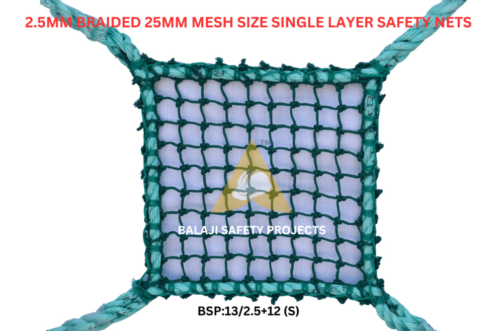 2.5Mm Braided 25Mm Mesh Size Single Layer Safety Nets - Color: Green (Base)