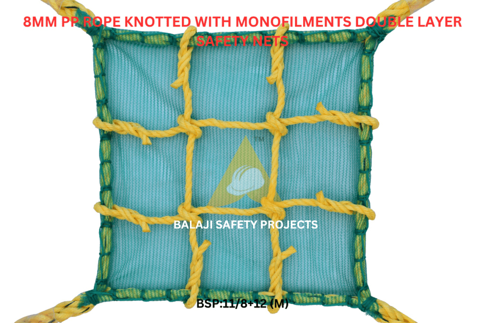 8Mm Pp Rope Knotted With Monofilments Double Layer Safety Nets - Color: Green & Yellow