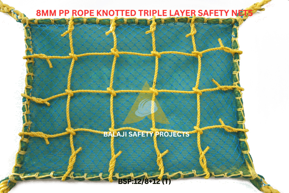 8Mm Pp Rope Knotted Triple Layer Safety Nets - Color: Green & Yellow