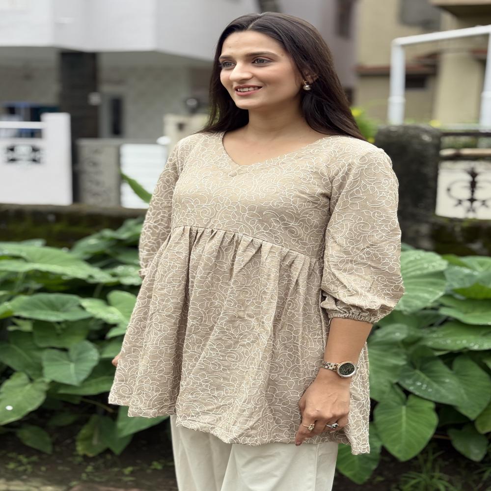 Ethnic Motifs Embroidered Regular Tunics - Color: Chikoo