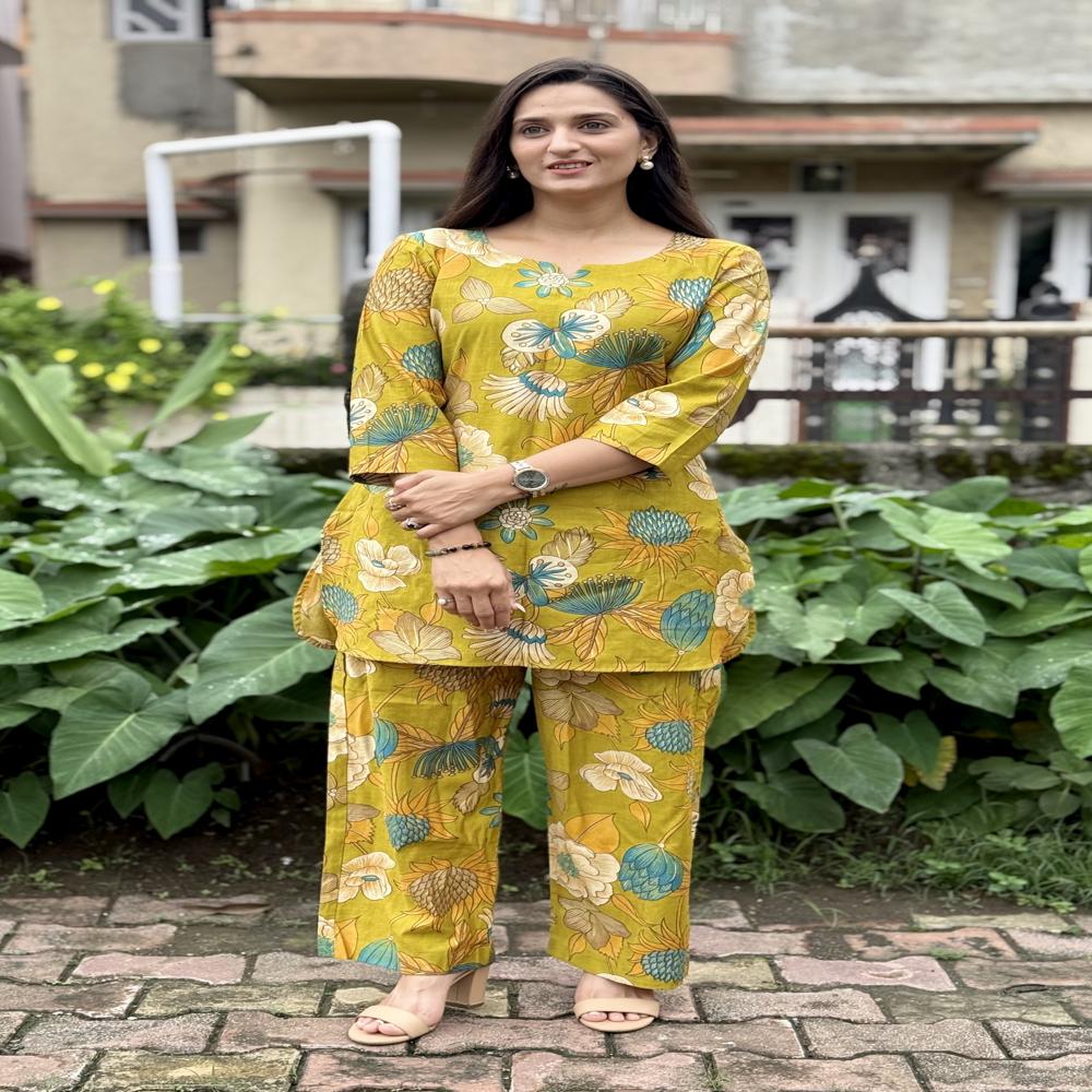 Ethnic Motif Top & Trouser Co-Ord Set - Color: Mustard