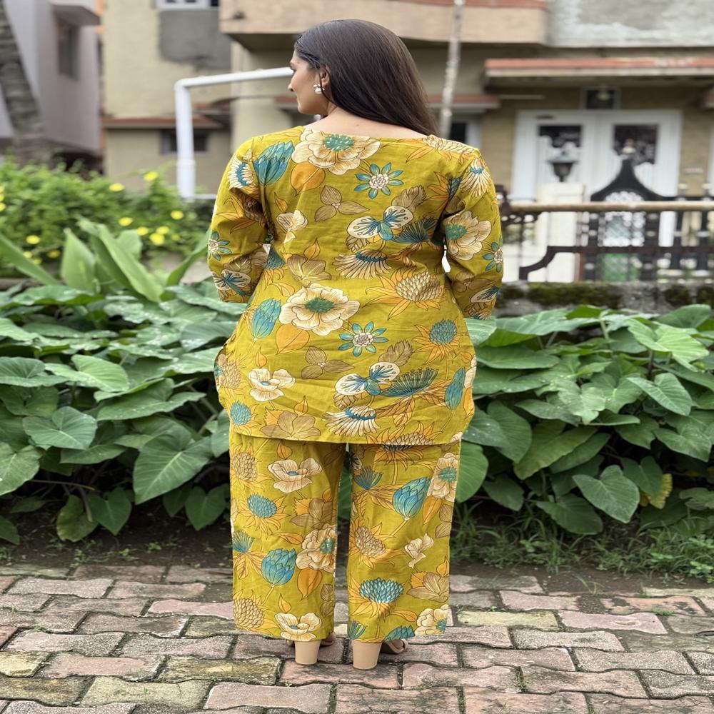 Ethnic Motif Top & Trouser Co-ord Set - Color: Mustard