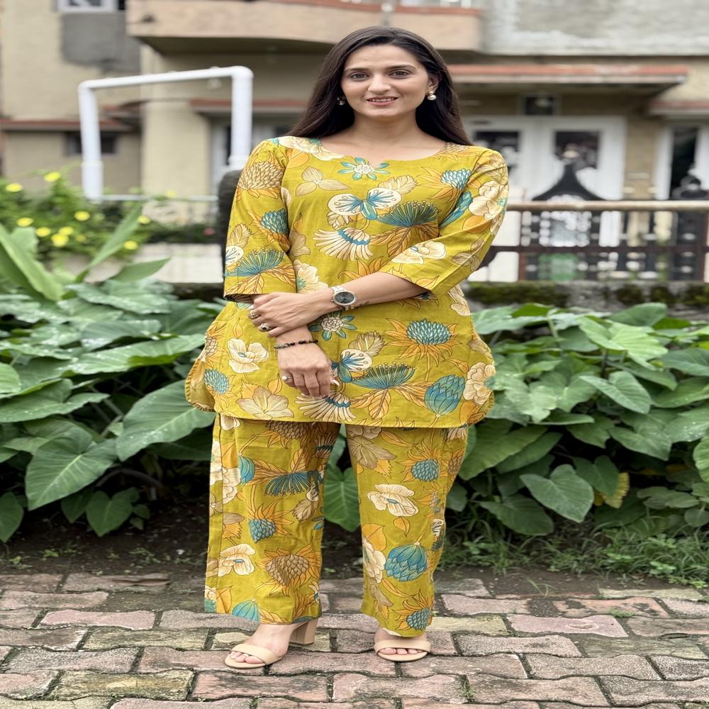 Ethnic Motif Top & Trouser Co-ord Set - Color: Mustard