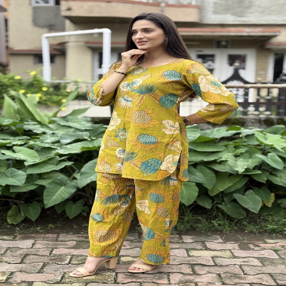 Ethnic Motif Top & Trouser Co-ord Set - Color: Mustard