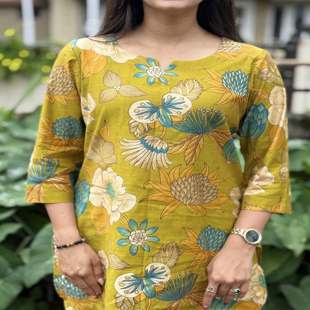 Ethnic Motif Top & Trouser Co-ord Set - Color: Mustard