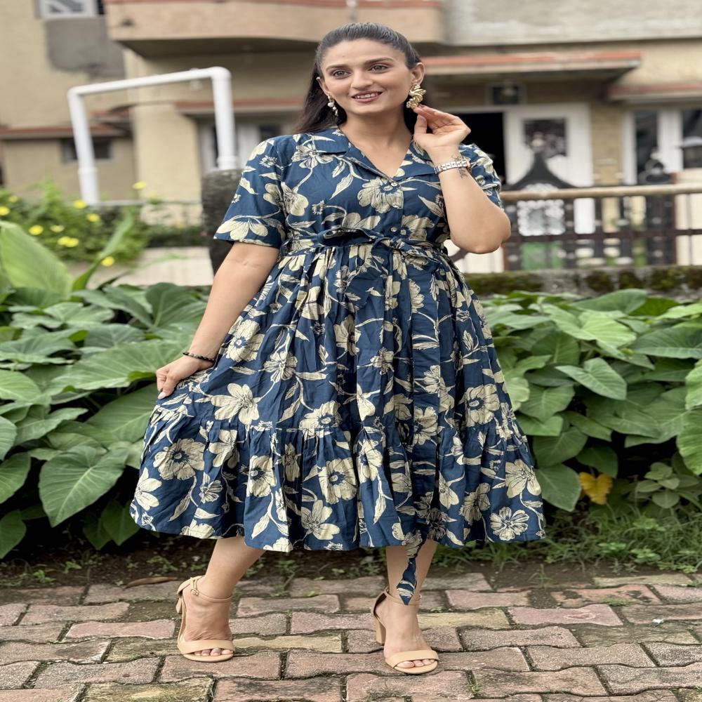 Floral Printed Cotton Midi Dress With Belt - Color: Blue