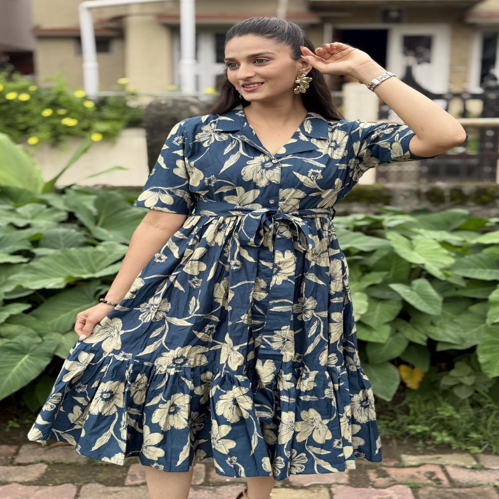 Floral Printed Cotton Midi Dress with Belt