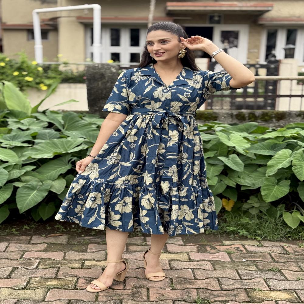 Floral Printed Cotton Midi Dress with Belt