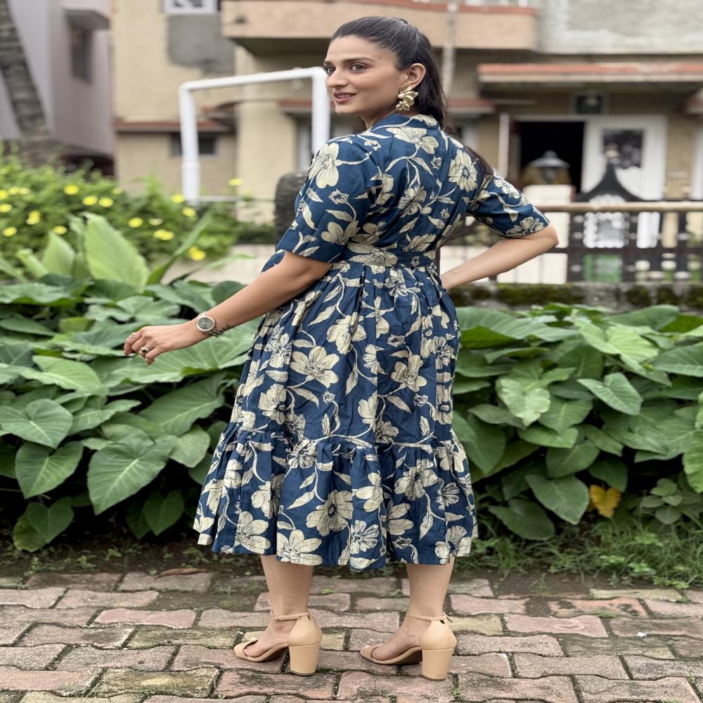 Floral Printed Cotton Midi Dress with Belt