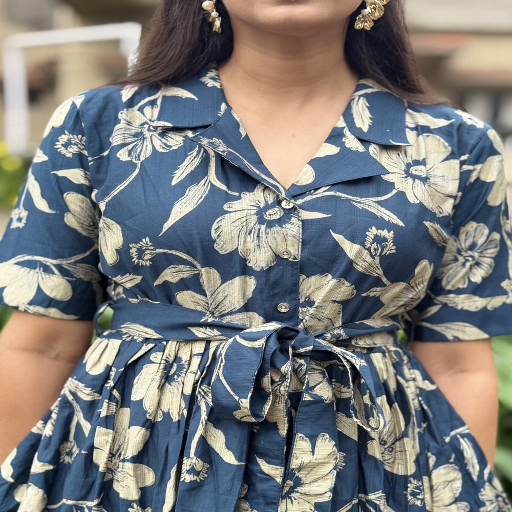 Floral Printed Cotton Midi Dress with Belt