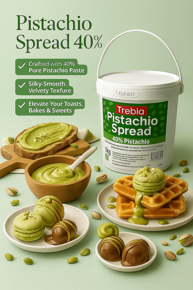 Trebia Pistachio Spread 40% 1a Kga | Creamy Spread With Roasted Pistachios | Ideal For Ice Creams Toppings, Chocolates, Baking & Desserts - Additional Ingredient: Sugar