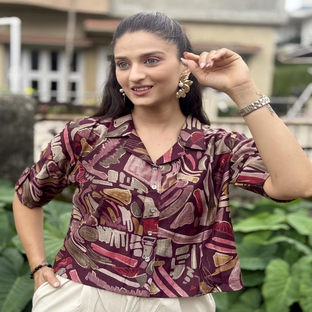 Abstract Print Maroon Shirt Top - Color: Wine