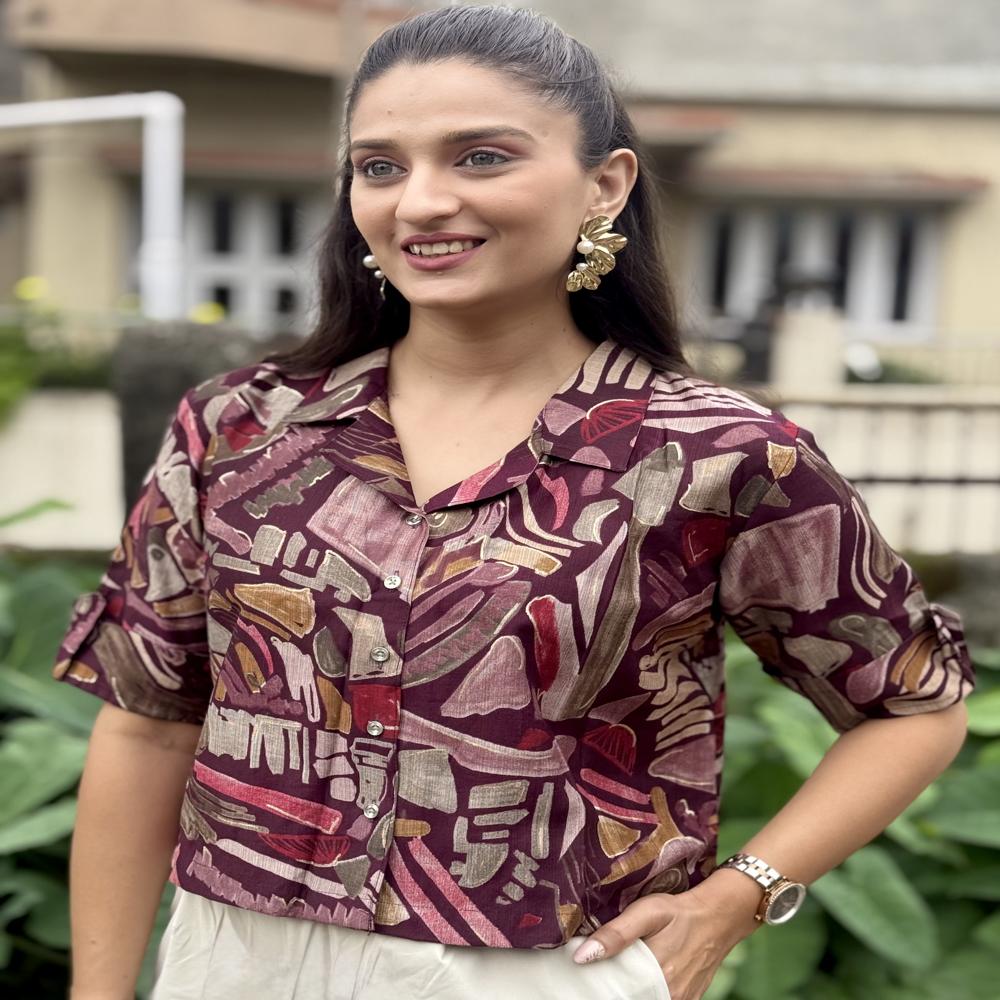 Abstract Print Maroon Shirt Top