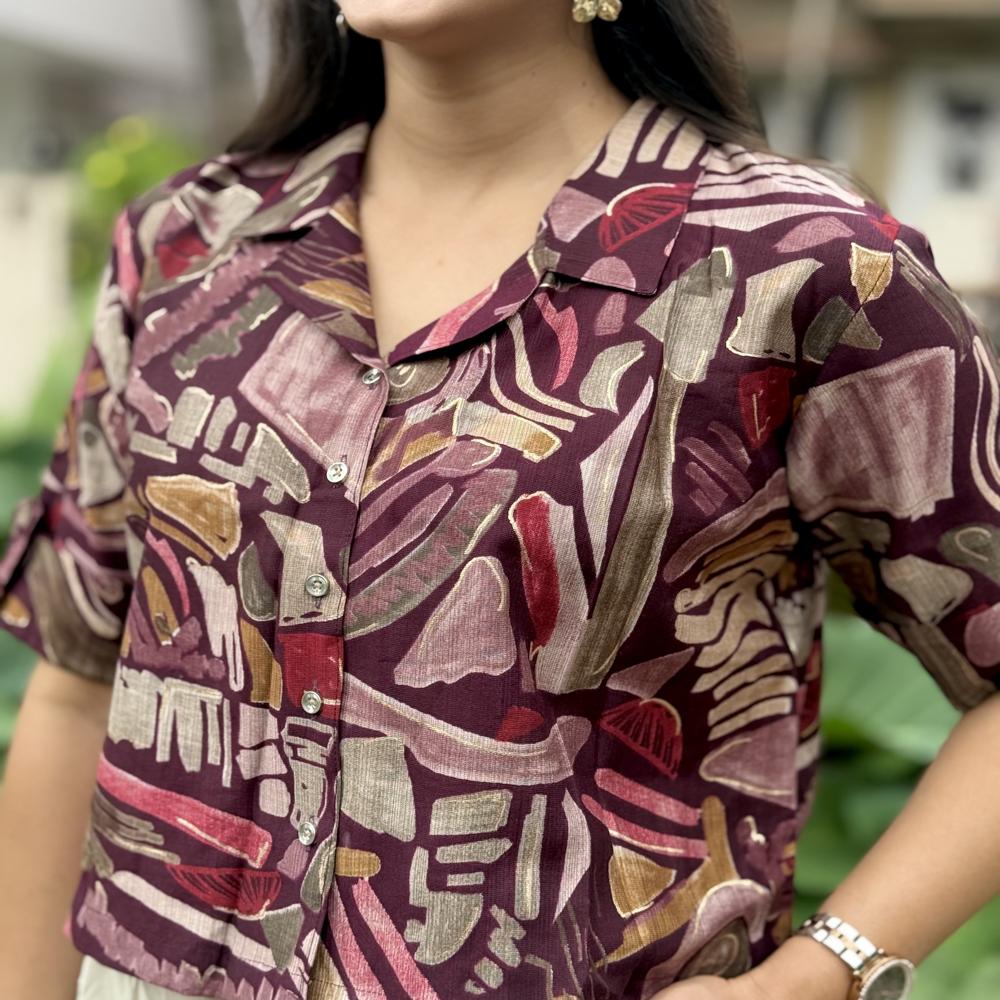 Abstract Print Maroon Shirt Top