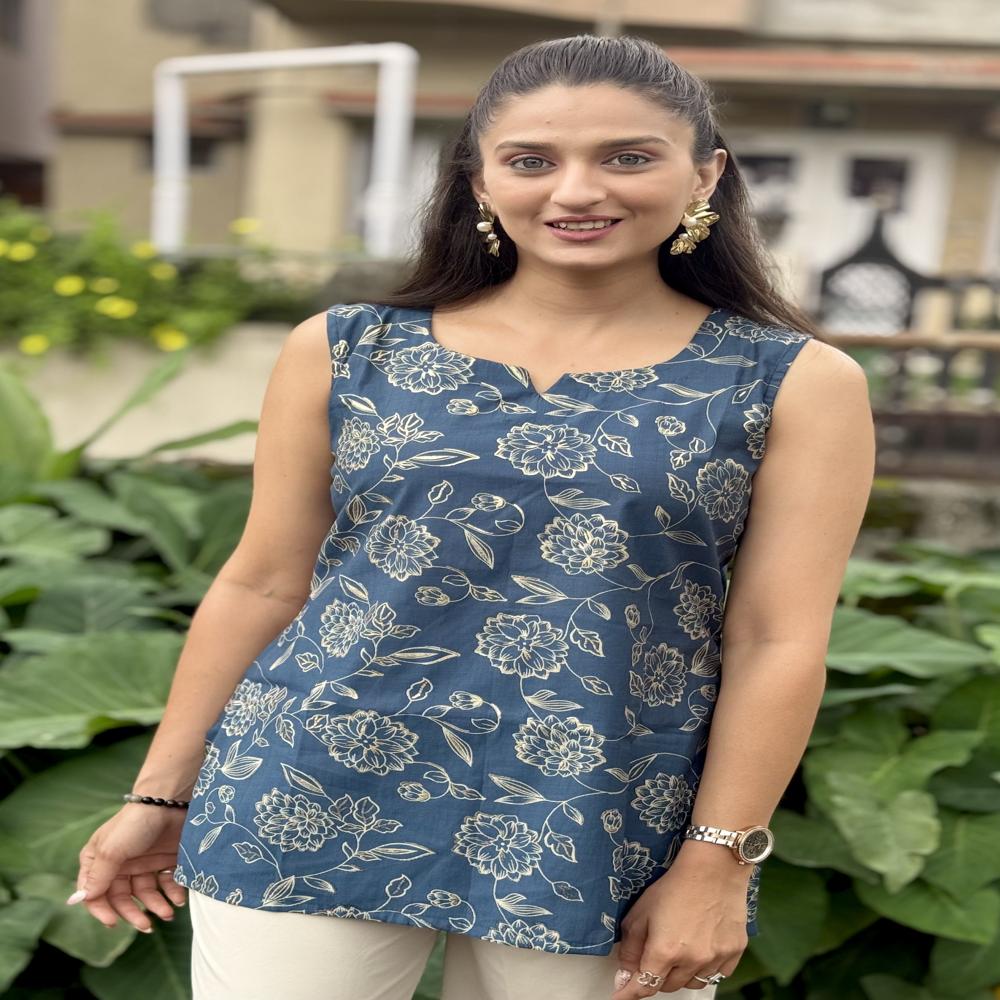 Floral Printed Indigo Kurti - Color: Blue