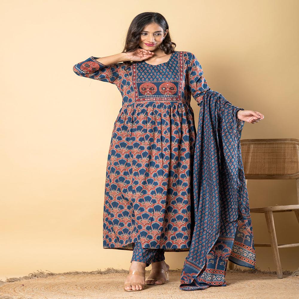 Frock Style Cotton Fabric Blue Color Kurta And Bottom With Dupatta