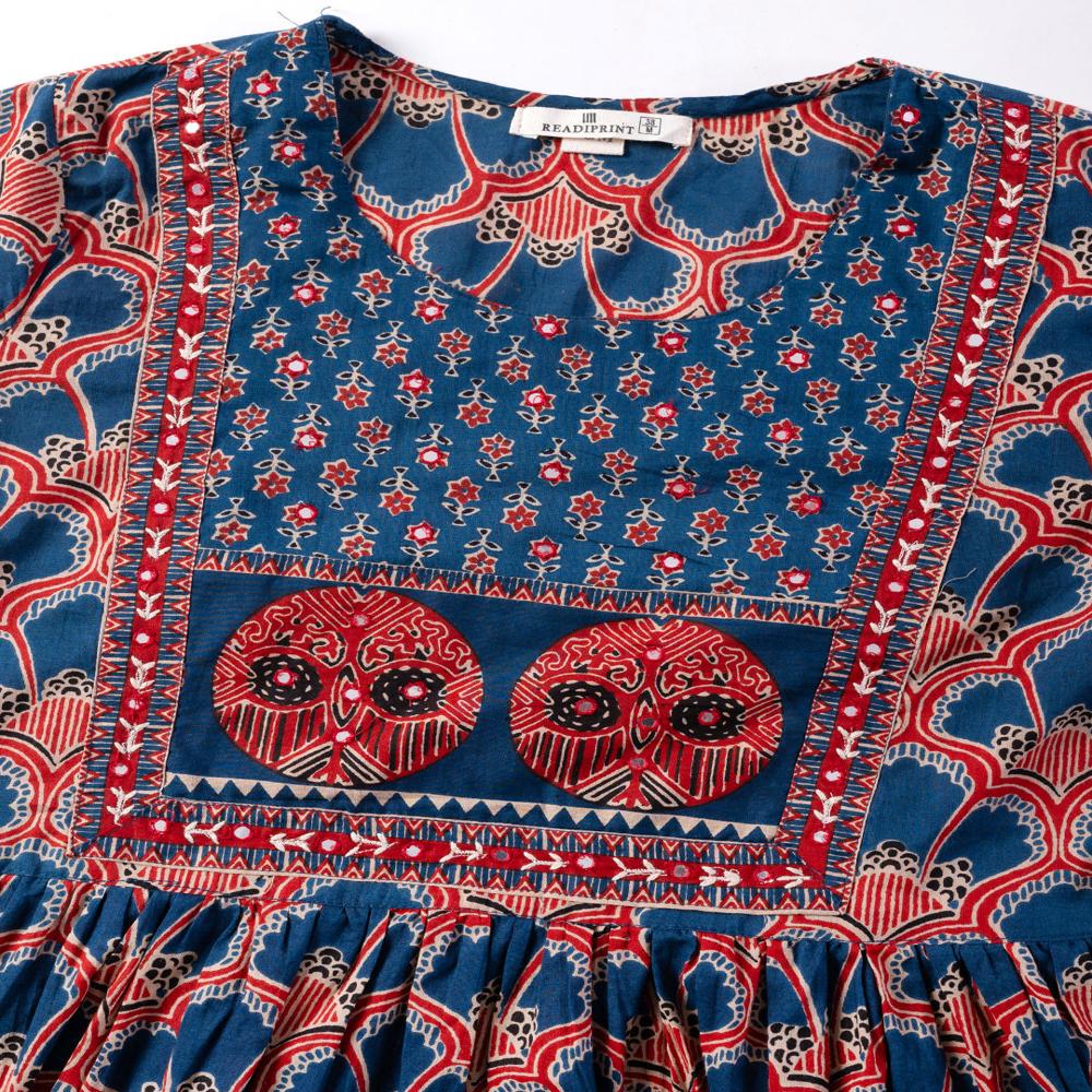 Frock Style Cotton Fabric Blue Color Kurta And Bottom With Dupatta