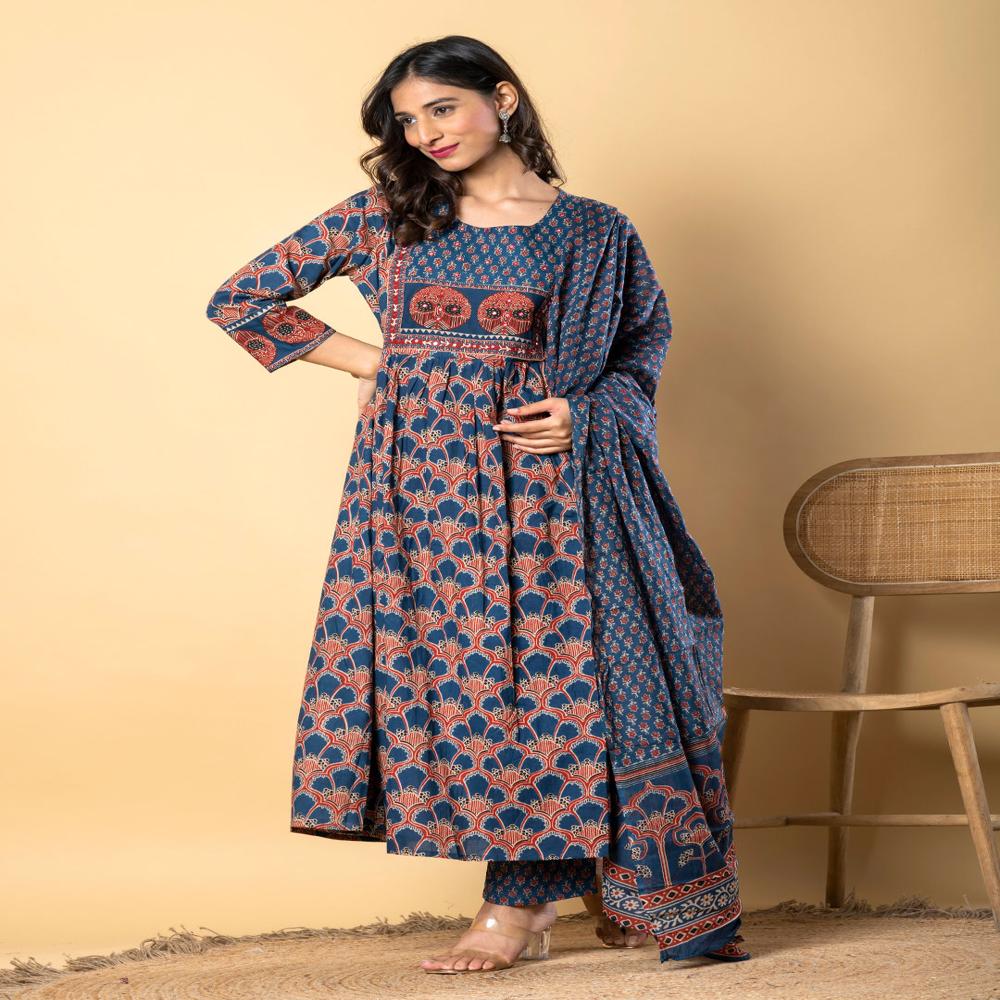 Frock Style Cotton Fabric Blue Color Kurta And Bottom With Dupatta