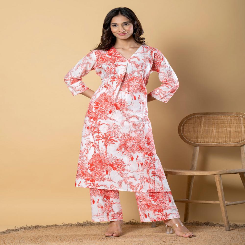 A Line Style Cotton Fabric Red Color Kurta And Bottom