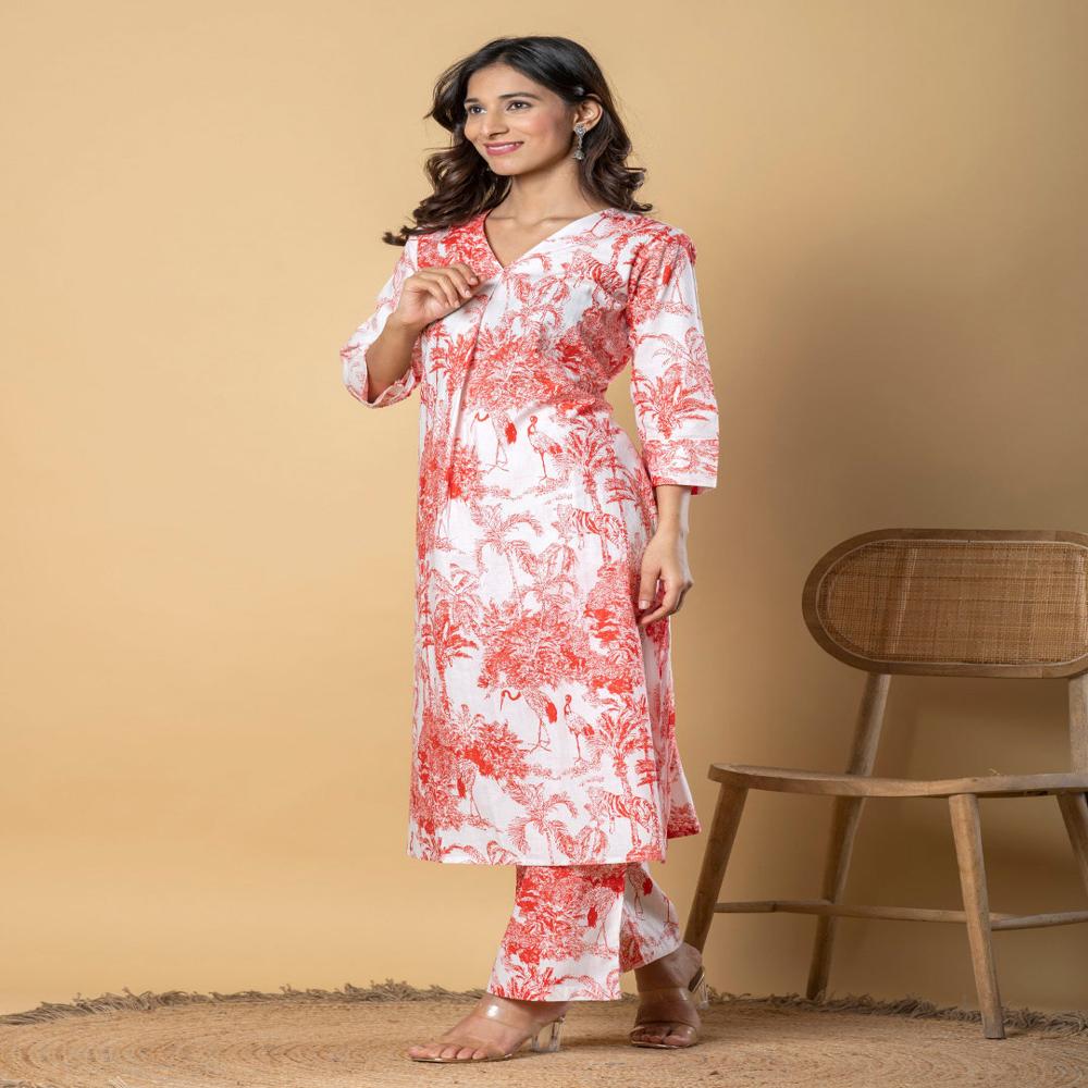 A Line Style Cotton Fabric Red Color Kurta And Bottom