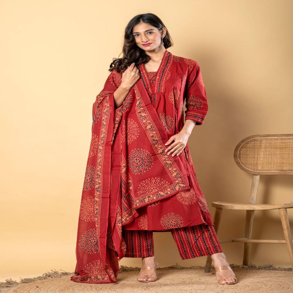 A Line Style Cotton Fabric Maroon Color Kurta And Bottom With Dupatta
