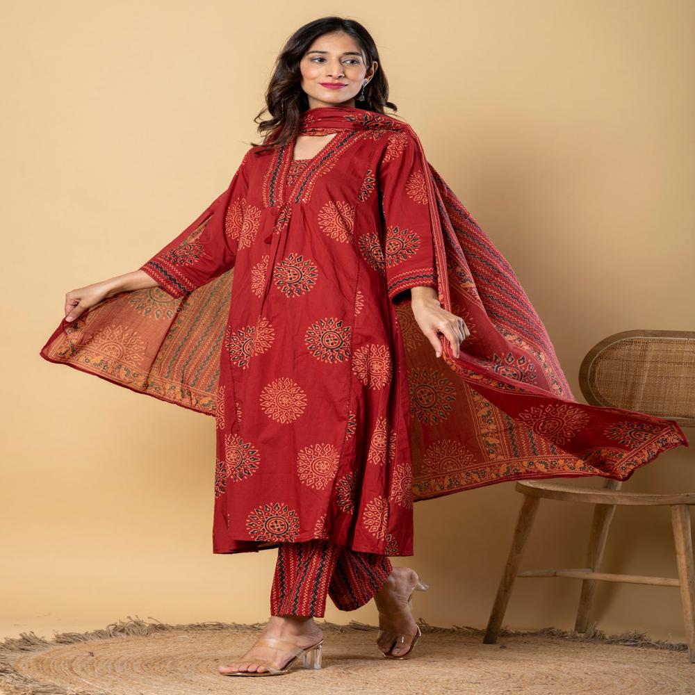 A Line Style Cotton Fabric Maroon Color Kurta And Bottom With Dupatta