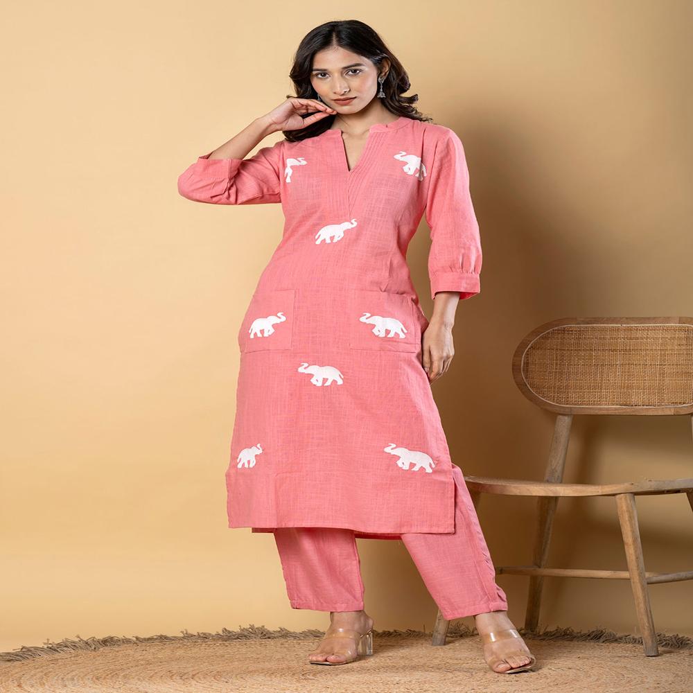 Straight Style Cotton Flex Fabric Peach Color Kurta And Bottom 