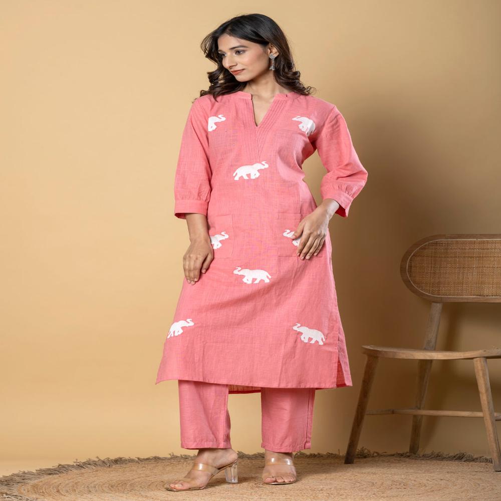 Straight Style Cotton Flex Fabric Peach Color Kurta And Bottom 