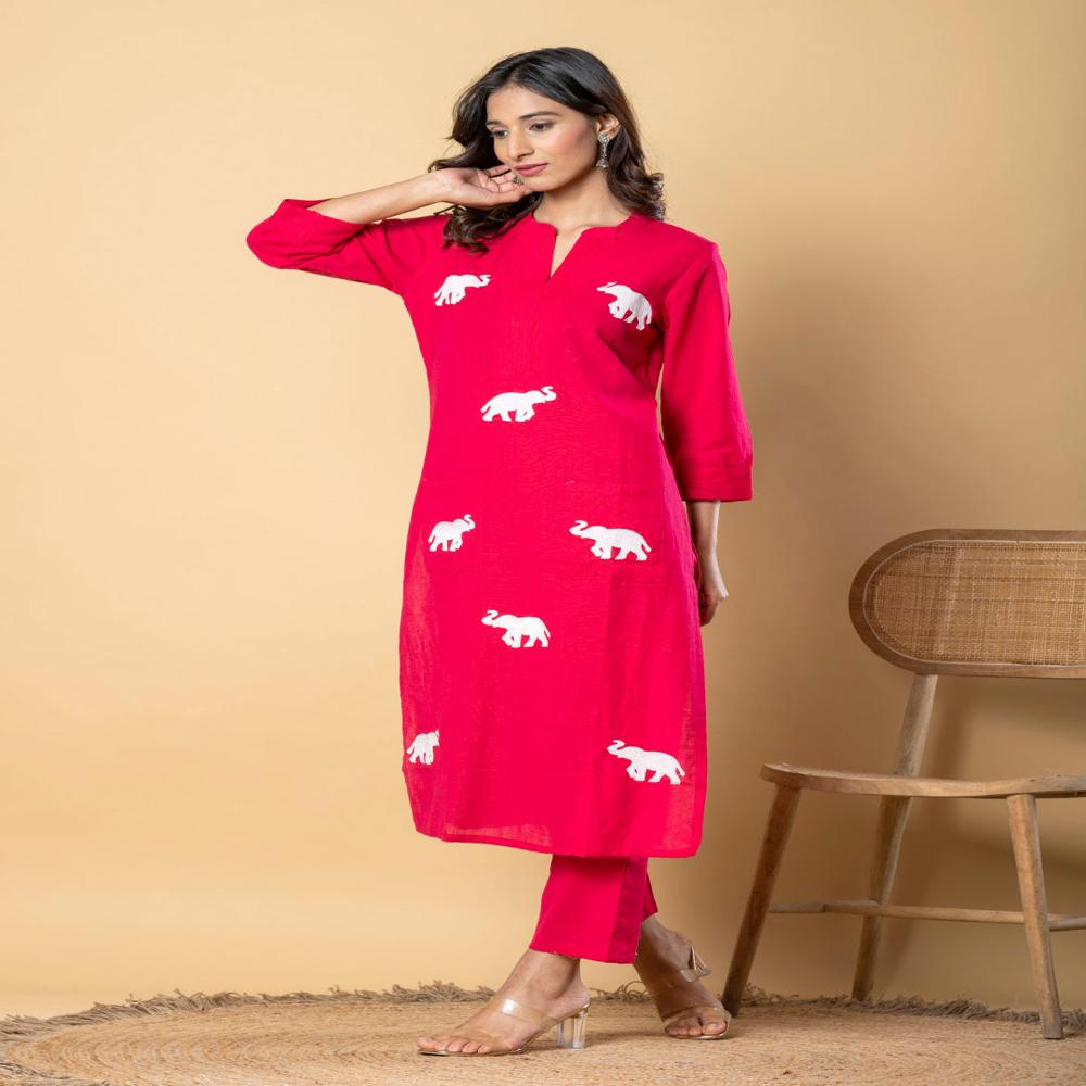Straight Style Cotton Flex Fabric Pink Color Kurta And Bottom 