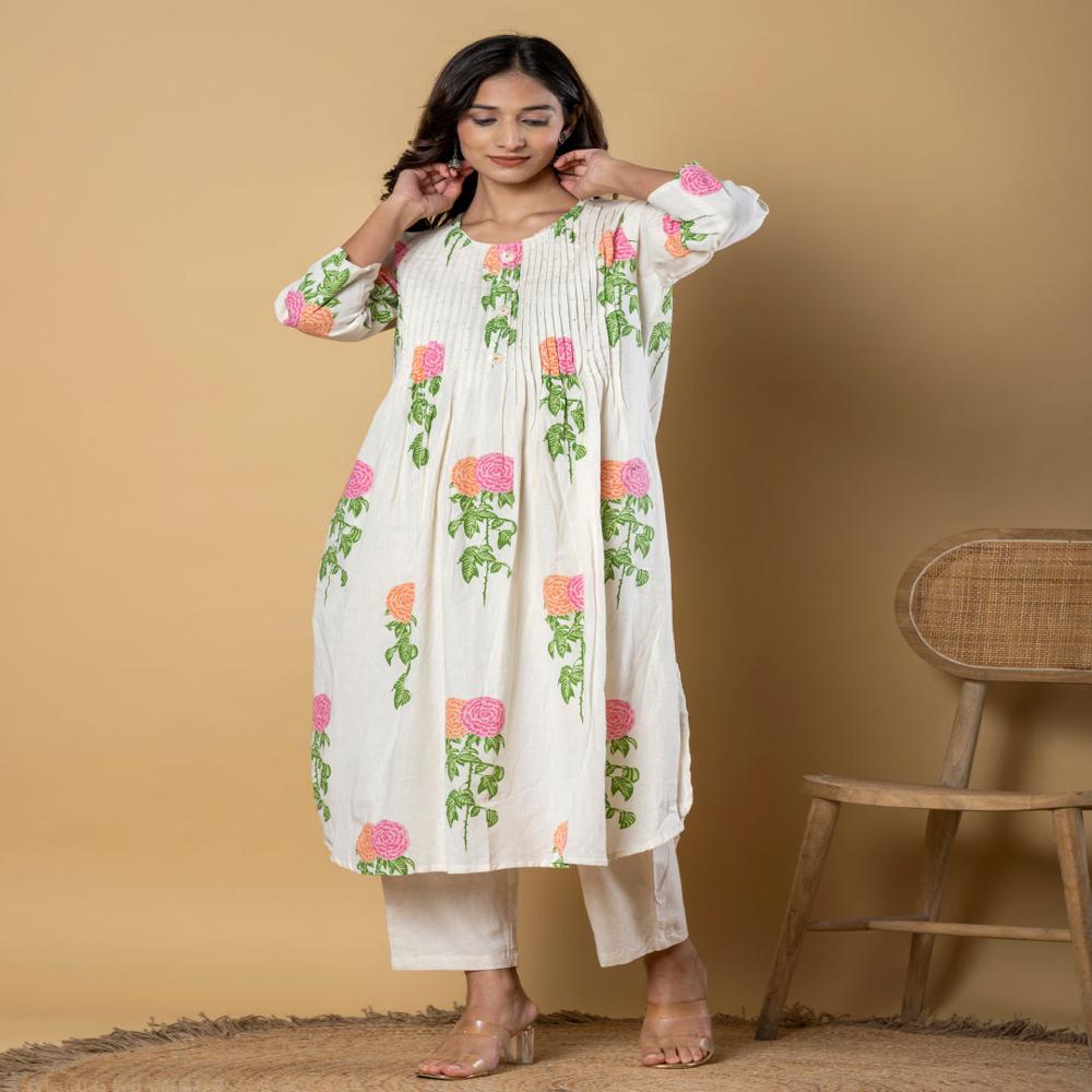 A Line Style Cotton Flex Fabric Off White Color Kurta With Bottom