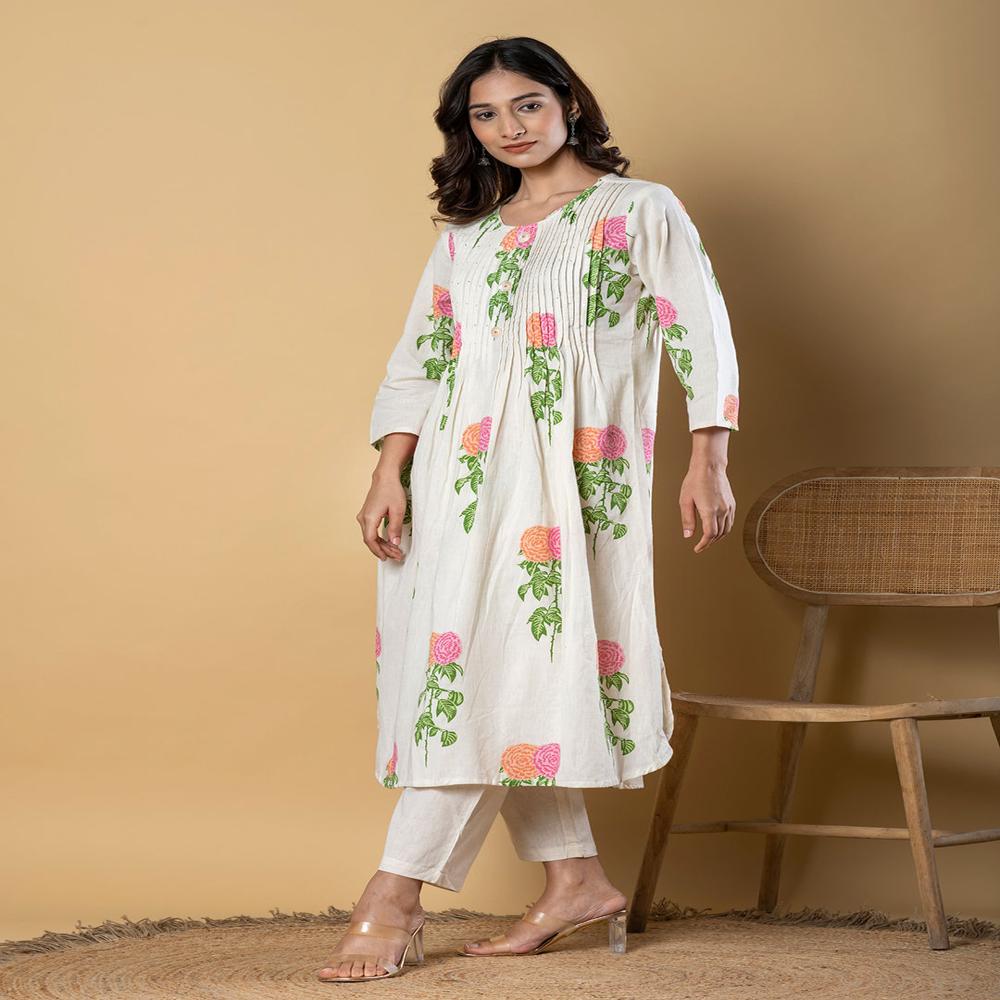 A Line Style Cotton Flex Fabric Off White Color Kurta With Bottom
