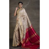 Tussar Ghicha Silk Saree - Color: Natural Beige With Contrast Border