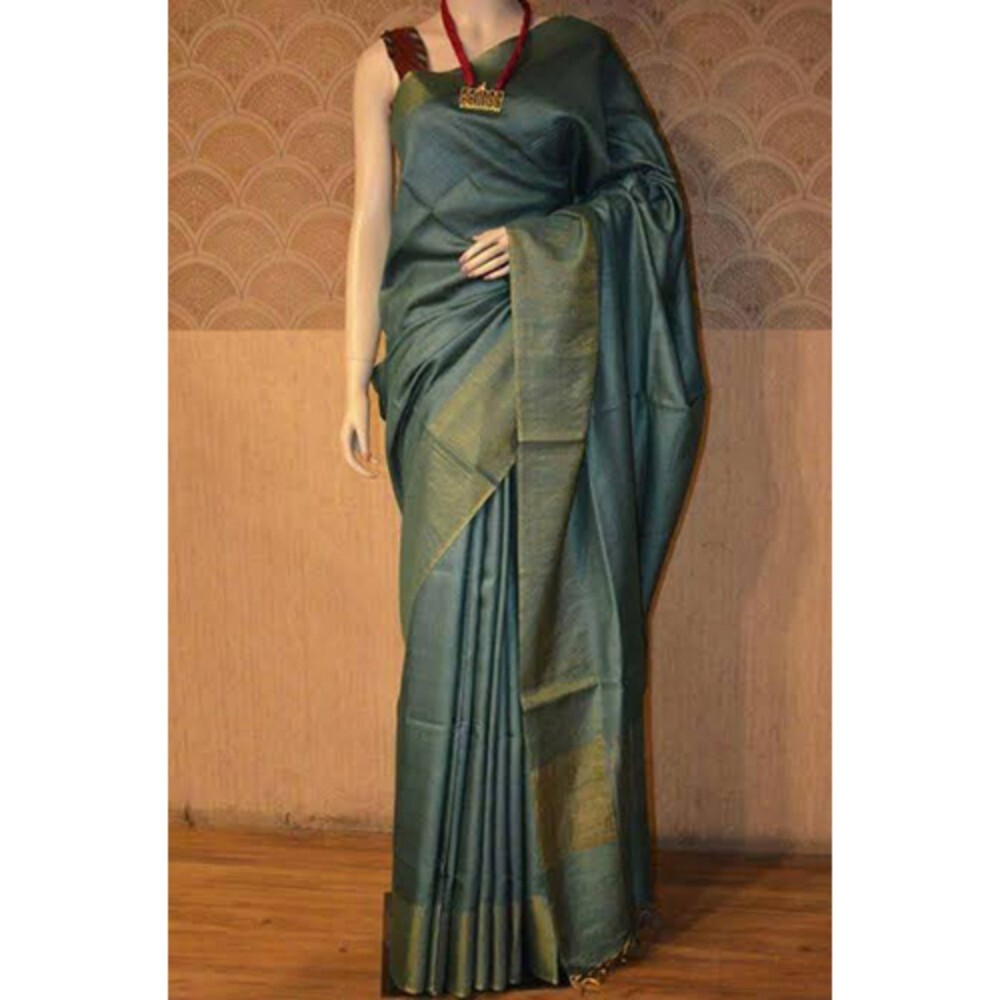 Pure Tassar Munga Silk Saree - Color: Cream And Brown