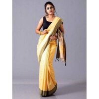 Mulberry Ghicha Silk Saree - Color: Golden Beige With Contrasting Border
