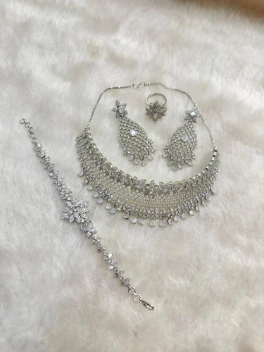 American Diamond Silver Choker Necklace Set