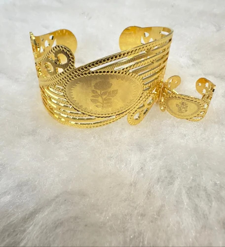 Brass Gold Plated Bangle Ring Set - Color: Golden