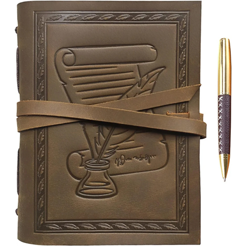 Handmade Gift Writing Feather Quill & Ink Pot Embossed Journal Vintage Notebook - Color: Different Available